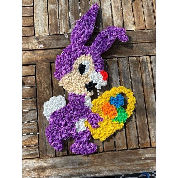 Vintage Melted Plastic Popcorn 1970’s Purple Easter Bunny Basket Eggs Decoration - Picture 1 of 4
